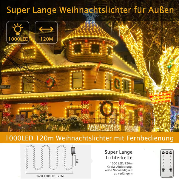 LumoGlow™ Außenlichterkette - 120 m, 1000 LEDs, Dimmbar mit Fernbedienung und Timer